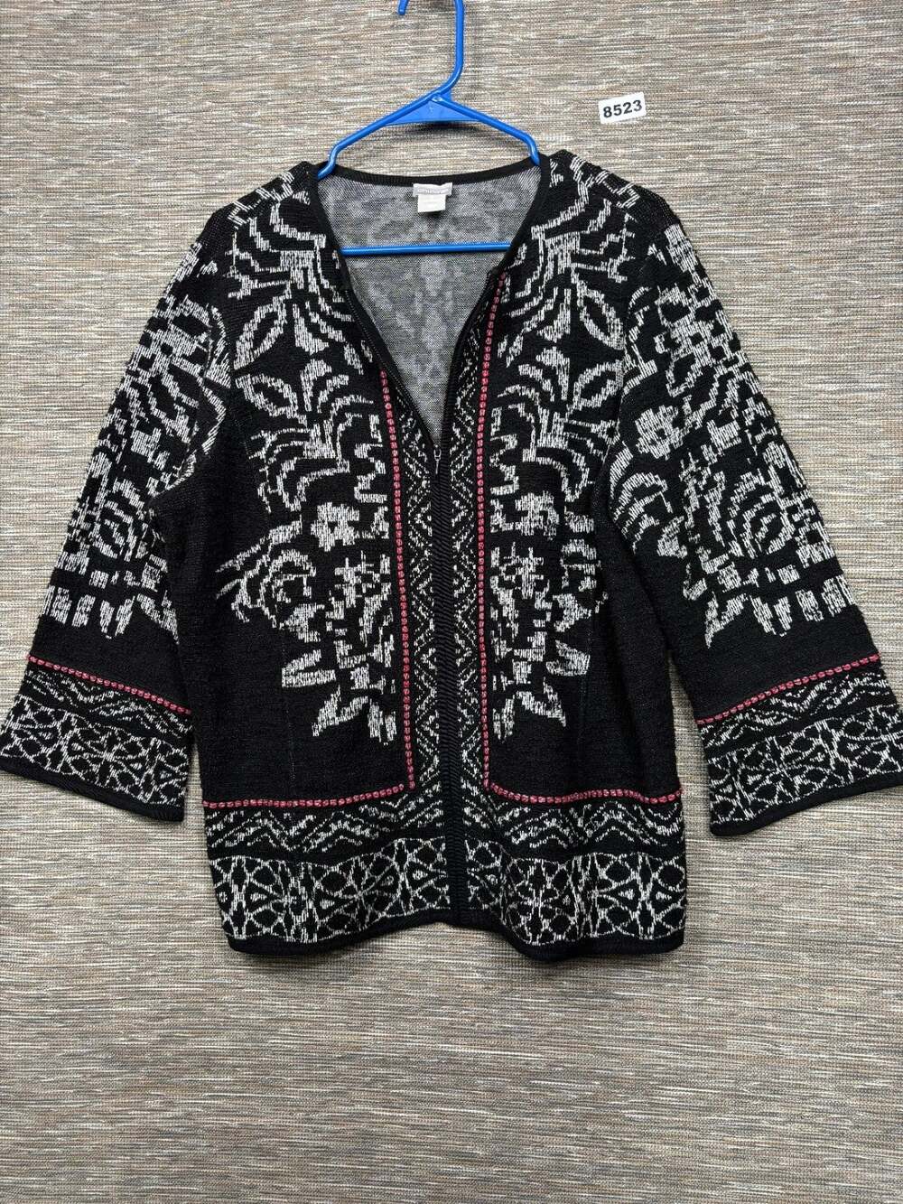 Chico's Floral Structured Jacquard Cardigan Sweater Women 3 US XL Black Full Zip